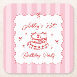 Pink Coquette Striped Vintage Hand Drawn Birthday Rechteckiger Pappuntersetzer