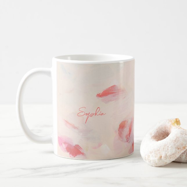 Pink & Coral Abstrakt Art Malerei Name Kaffeetasse (Mit Donut)