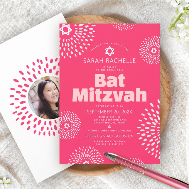 Pink Coral Bat Mitzvah Foto Sternexplosion Bold Gr Einladung (Von Creator hochgeladen)