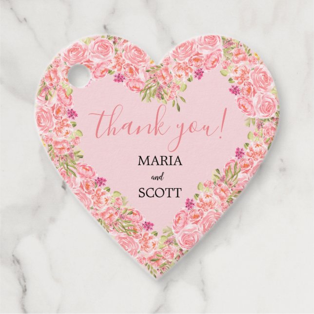 Pink Coral Floral Heart Wedding Geschenkanhänger (Vorderseite)