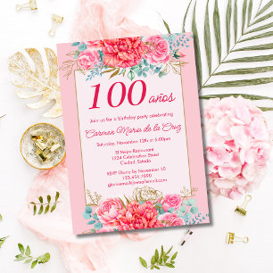 Pink Coral Florals Spanische 100. Geburtstagsparty Einladung