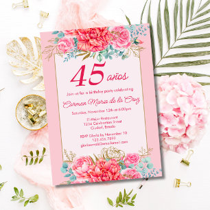 Pink Coral Florals Spanische 45. Geburtstagsparty Einladung