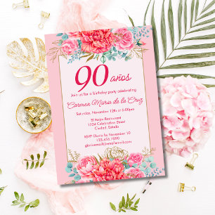 Pink Coral Florals Spanische 90. Geburtstagsparty Einladung