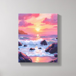 Pink Coral Sunset | Ocean Waves Watercolor Leinwanddruck