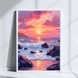 Pink Coral Sunset | Ocean Waves Watercolor Poster