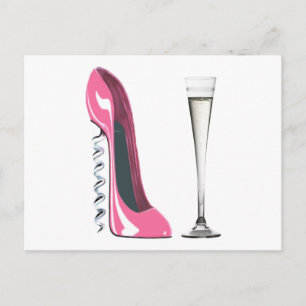 Pink Corkschraube Stiletto Shoe und Champagne Flut Postkarte