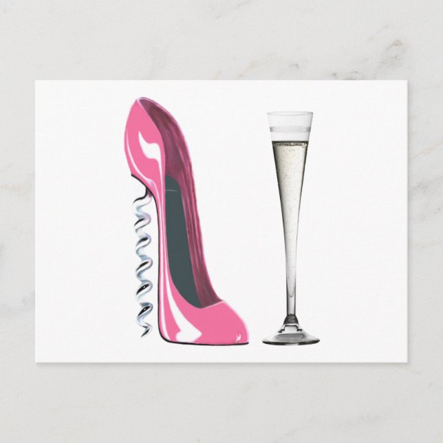 Pink Corkschraube Stiletto Shoe und Champagne Flut Postkarte (Vorderseite)