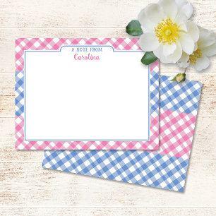 Pink & Cornflower Blue Preppy Gingham Stationery Mitteilungskarte