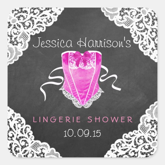 Pink Corset White Lace Chalkboard Fingerie Dusche Quadratischer Aufkleber (Vorderseite)