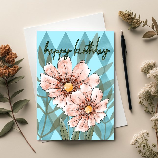 Pink Cosmos Birthday Karte (Unique Birthday Cards: Geometric and Flat Art styles featuring florals, animals, and modern designs
)