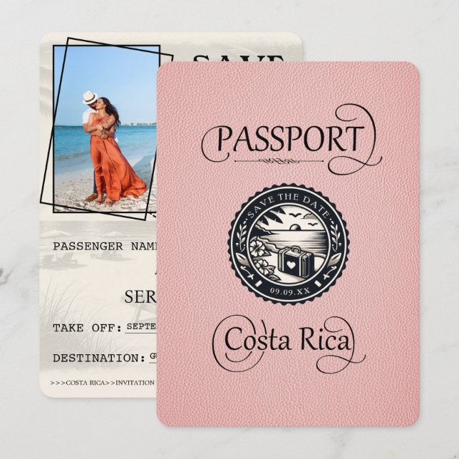 Pink Costa Rica Passport Save The Date (Vorne/Hinten)