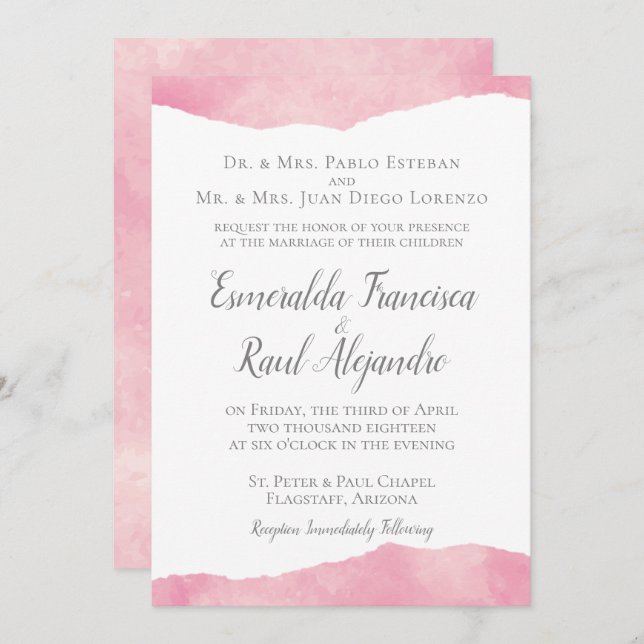 Pink Cotton Candy Watercolor Hochzeit Einladung (Vorne/Hinten)