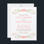 Pink Country Floral Wedding Save The Date<br><div class="desc">Rustikale,  schicke Hochzeit speichern die Datumskarten mit einem symmetrischen Blumenrahmen aus hübschem Pfirsich,  Rosa,  Korallen und Nektarinen-Orangen-Blume,  sanften grünen botanischen Blätter mit handgezeichnet Aussehen und Hintergrund mit einem subtilen und eleganten,  texturierten Aussehen.</div>