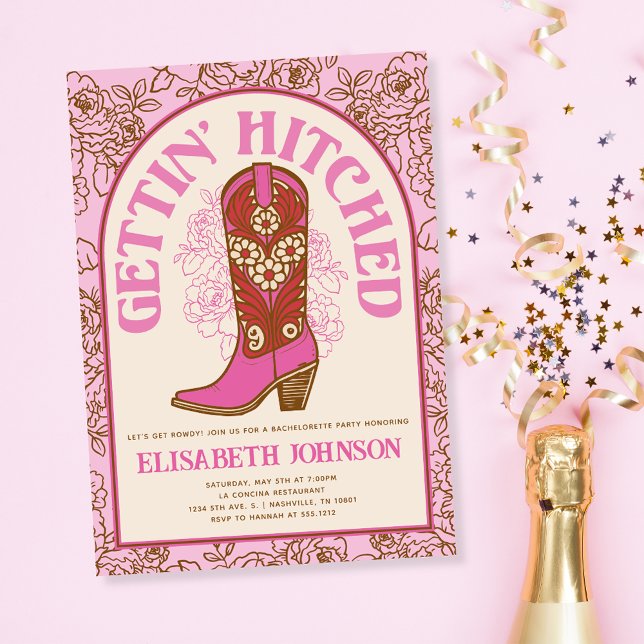 Pink Cowboy Boot Gettin' Hitched Bachelorette Einladung (Pink Cowboy Boot Gettin' Hitched Bachelorette Invitation)