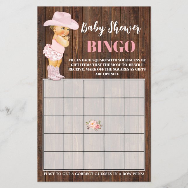 Pink Cowgirl Babydusche Bingo Game Card Flyer (Vorne)