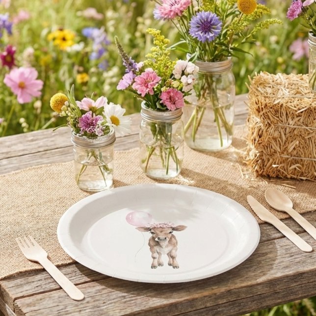 Pink Cowgirl Birthday | Farm Theme 1st  Pappteller (cowgirl birthday plate on rustic table with wildflowers in a sunny meadow)