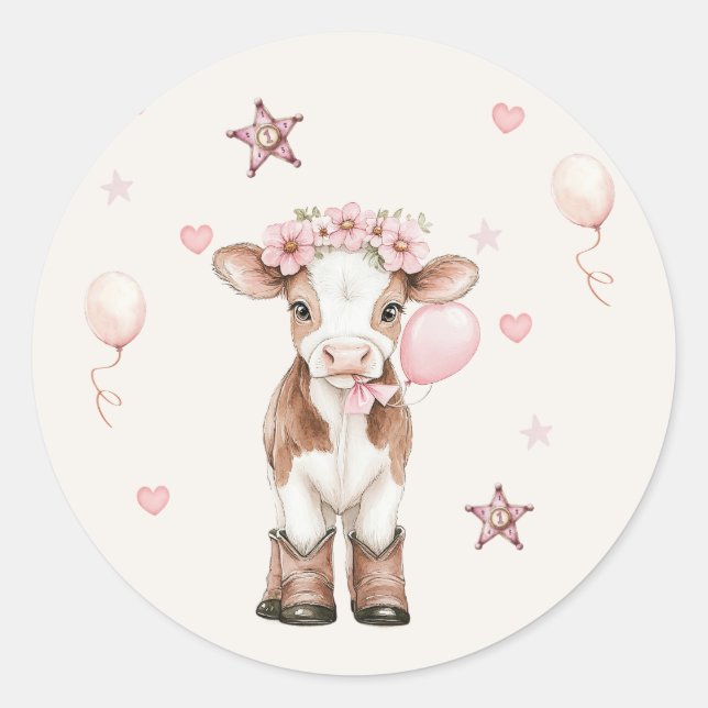 Pink Cowgirl Birthday | Farm Theme 1st  Runder Aufkleber (Vorderseite)