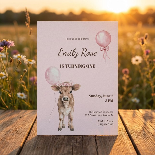 Pink Cowgirl Birthday Invitation | Farm Theme (soft rustic invitation with cow illustration on wooden table in a sunset meadow)