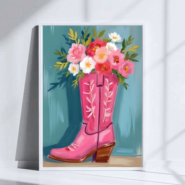Pink Cowgirl Boot Flower Bouquet Watercolor Poster (Von Creator hochgeladen)