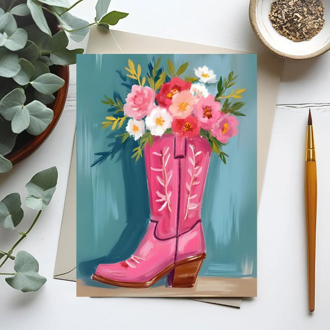 Pink Cowgirl Boot Flower Bouquet Watercolor Postkarte (Von Creator hochgeladen)