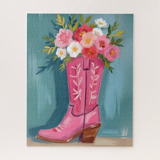 Pink Cowgirl Boot Flower Bouquet Watercolor Puzzle (Vertikal)