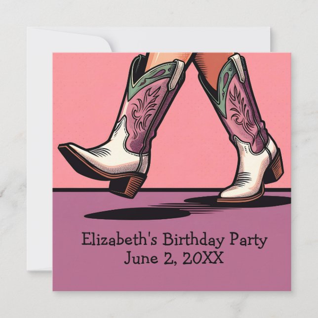 Pink Cowgirl Boots Western Girl Birthday Party Einladung (Vorderseite)