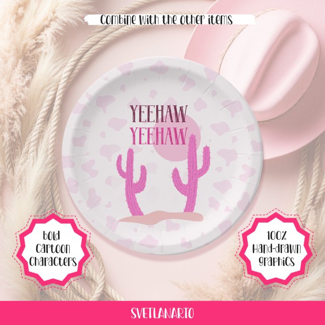 Pink Cowgirl Cacti Landscape Western Paper Plate Pappteller (Frontal view)
