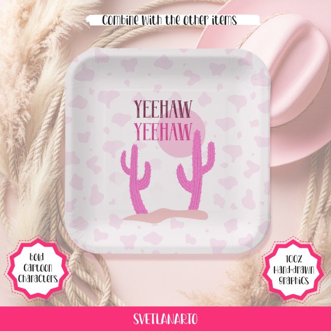  Pink Cowgirl Country Cacti Western Paper Plate Pappteller (Frontal view)