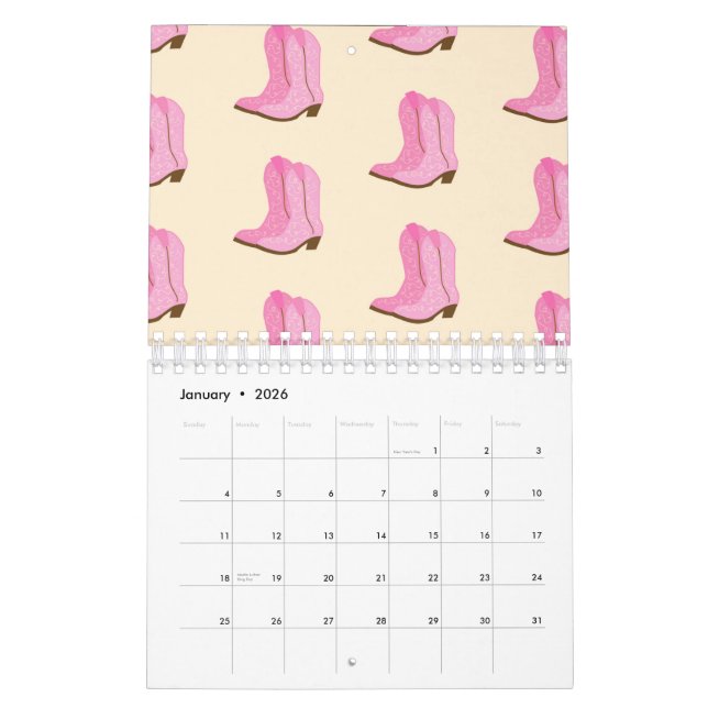 Pink Cowgirl Cowboy Boots Country Texas Ranch Kalender (Jan 2026)