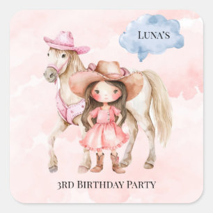 Pink Cowgirl Horse 00. Geburtstagsparty Quadratischer Aufkleber