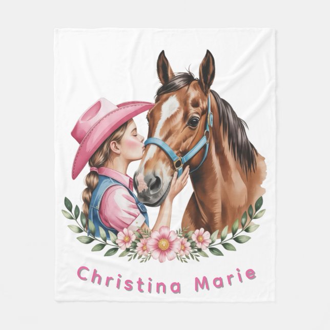 Pink Cowgirl Kissing a Horse Birthday Party  Fleecedecke (Vorderseite)