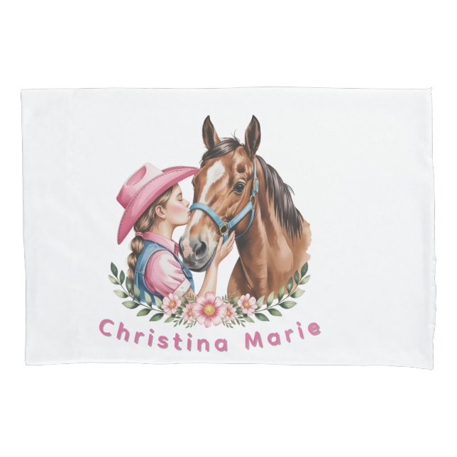 Pink Cowgirl Kissing a Horse Birthday Party Gift Kissenbezug (Vorderseite)