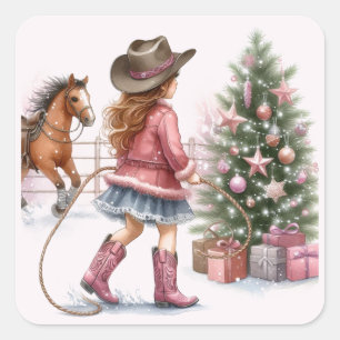 Pink Cowgirl Lassoing Weihnachten Quadratischer Aufkleber