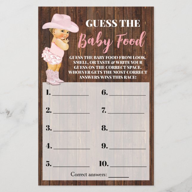 Pink Cowgirl Raten Sie die Baby Food Dusche Spielk Flyer (Vorne)