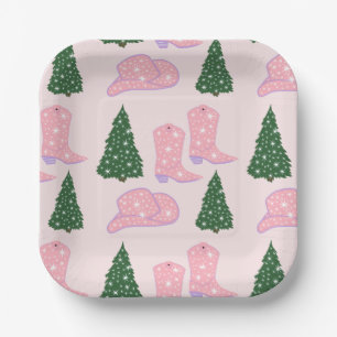 Pink Cowgirl Rodeo Hat Christmas Tree Square Pappteller