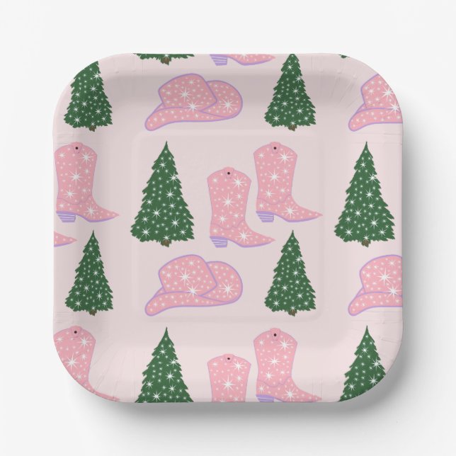 Pink Cowgirl Rodeo Hat Christmas Tree Square Pappteller (Vorderseite)