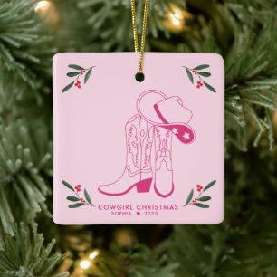 Pink Cowgirl Weihnachten Niedliche Cowboystiefel Keramikornament