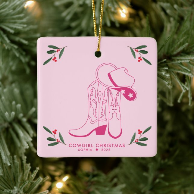 Pink Cowgirl Weihnachten Niedliche Cowboystiefel Keramikornament (Baum)