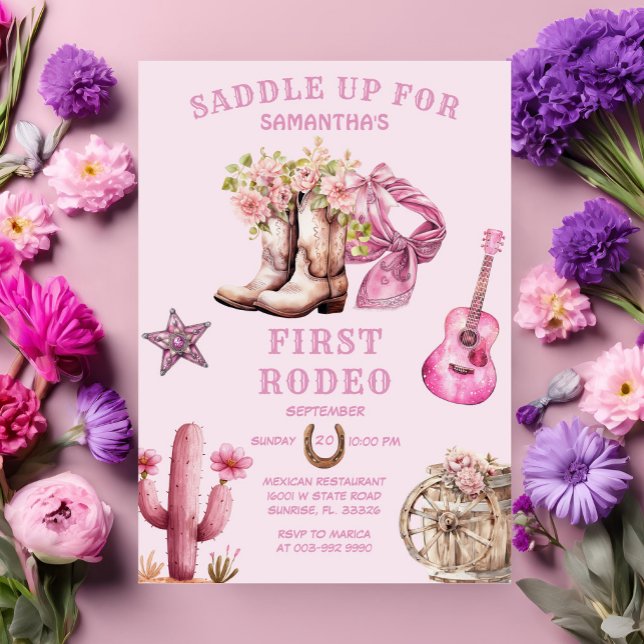 Pink Cowgirl Western First Rodeo Bows Birthday Einladung (Von Creator hochgeladen)