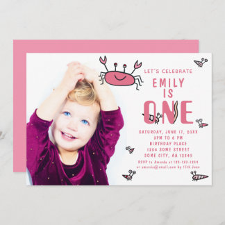 Pink Crab Sea Animals Girl Foto 1. Geburtstag Einladung