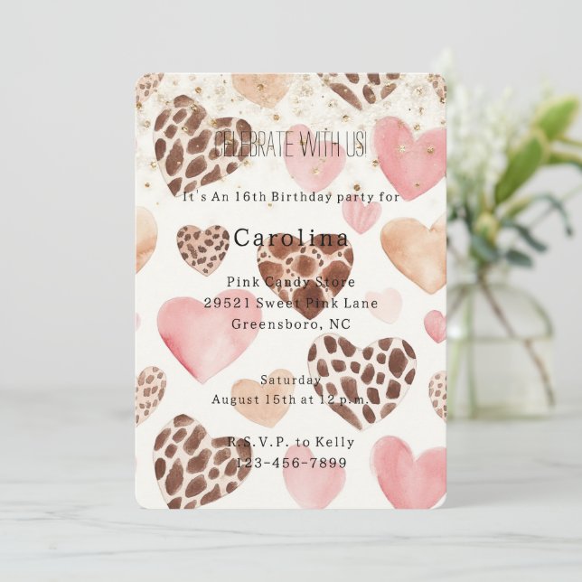 Pink Cream Animal Hearts Gold Sparkle Birthday Einladung (Stehend Vorderseite)