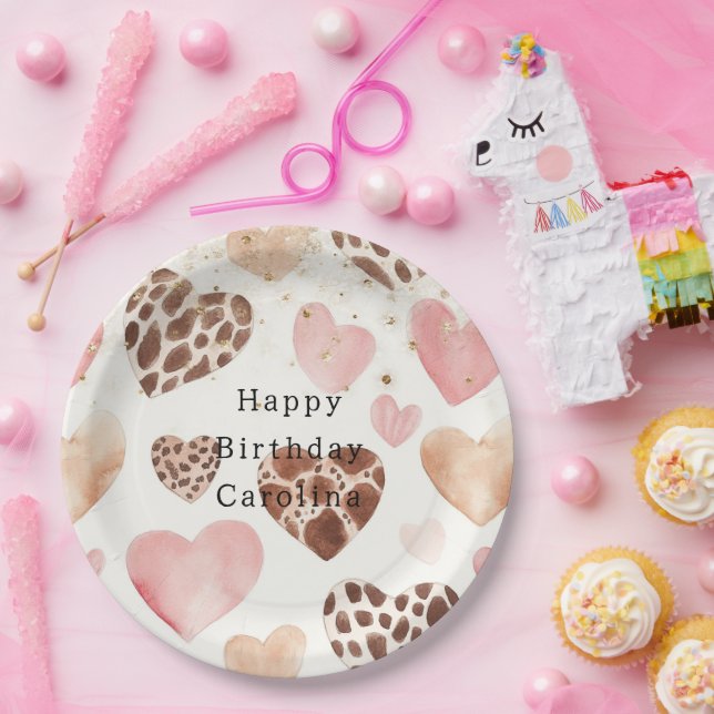 Pink Cream Animal Hearts Gold Sparkle Birthday Pappteller (Party)