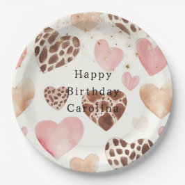 Pink Cream Animal Hearts Gold Sparkle Birthday Pappteller