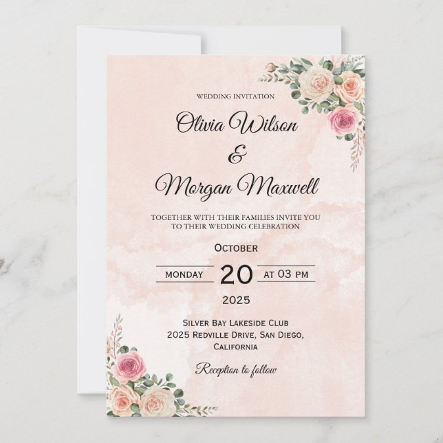Pink Cream Floral Chic Wedding Invitation Einladung (Vorderseite)