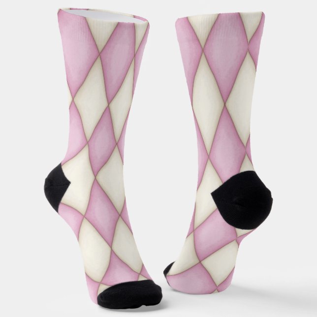 Pink & Cream Harlequin Diamond Karo Pattern Fun Socken (Gewinkelt)