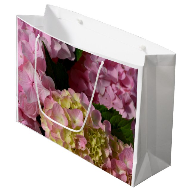Pink Cream Hydrangeas gelb rosa grüne Blüte Große Geschenktüte (Vorderseite Schrägansicht)