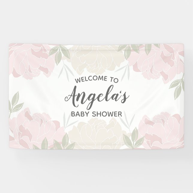 Pink & Cream Peonies Baby Dusche Party Banner (Horizontal)