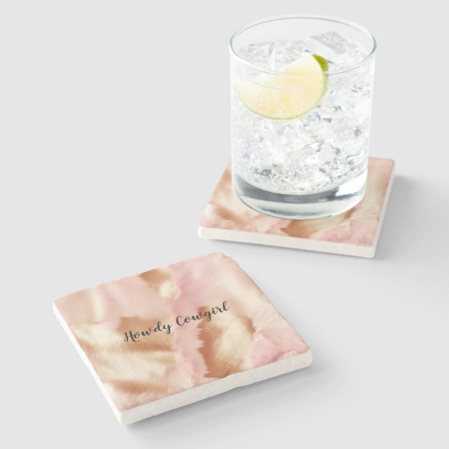 Pink Cream Tan Southwest Cowgirl Cowhide Steinuntersetzer (Seitenansicht)