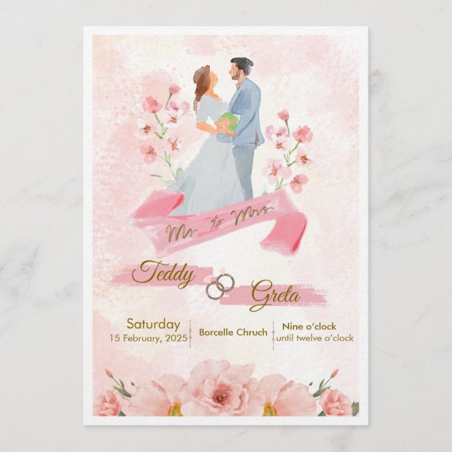 Pink Cream Watercolor Wedding Invitation Einladung (Vorderseite)