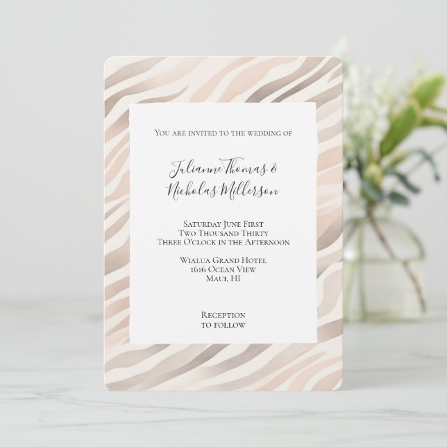 Pink Cream Zebra Animal Print Wedding Einladung (Stehend Vorderseite)